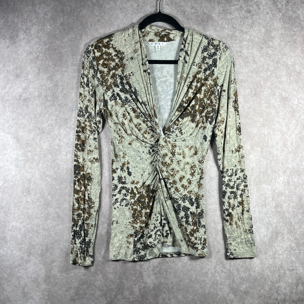 Cabi Top Womens Size Small Cream Animal Print Twist Front Long Sleeve V-Neck Y2K